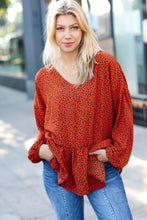 Load image into Gallery viewer, Feeling Bold Rust Leopard Print V Neck Peplum Top