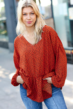 Load image into Gallery viewer, Feeling Bold Rust Leopard Print V Neck Peplum Top