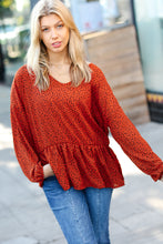 Load image into Gallery viewer, Feeling Bold Rust Leopard Print V Neck Peplum Top