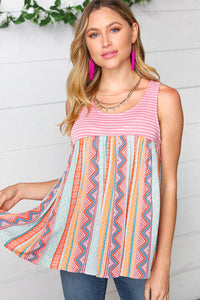 Coral & Peach Two-Tone Boho Print Back Tie Tank