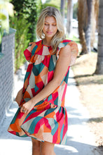 Load image into Gallery viewer, Magenta &amp; Taupe Geometric Yoke Woven Dress