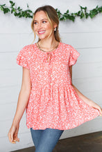 Load image into Gallery viewer, Peach Floral Button Tie Neck Babydoll Top