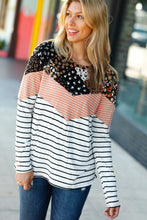 Load image into Gallery viewer, Rocking It Black &amp; Rust Chevron Floral Two-Tone Stripe Top