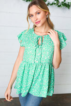 Load image into Gallery viewer, Green Floral Button Tie Neck Babydoll Top