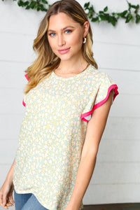 Mint Floral French Terry Ruffle Sleeve Top