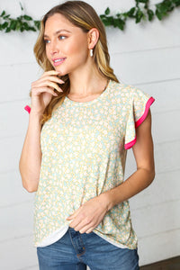 Mint Floral French Terry Ruffle Sleeve Top