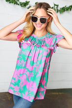 Load image into Gallery viewer, Pink &amp; Green Floral Print Frilled Short Sleeve Yoke Top