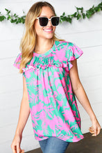 Load image into Gallery viewer, Pink &amp; Green Floral Print Frilled Short Sleeve Yoke Top