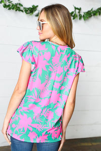 Pink & Green Floral Print Frilled Short Sleeve Yoke Top