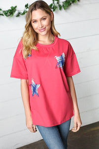 Red Plaid Star Patch Cotton Blend Top