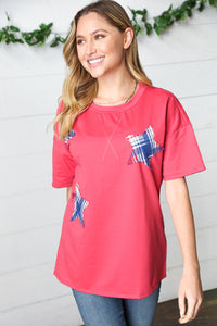 Red Plaid Star Patch Cotton Blend Top