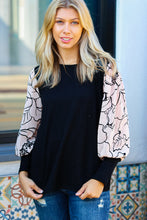 Load image into Gallery viewer, Date Night Black Velvet Floral Mesh Bubble Sleeve Top