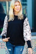 Load image into Gallery viewer, Date Night Black Velvet Floral Mesh Bubble Sleeve Top