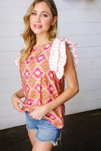Load image into Gallery viewer, Peach Boho Print Frill Sleeve Keyhole Back Top