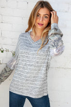 Load image into Gallery viewer, Stripe and Camo Sequin Bubble Sleeve V Neck Top