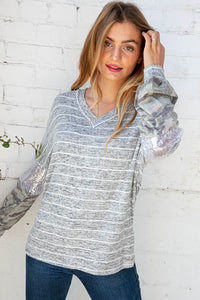 Stripe and Camo Sequin Bubble Sleeve V Neck Top
