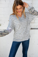 Load image into Gallery viewer, Stripe and Camo Sequin Bubble Sleeve V Neck Top