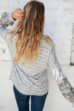 Load image into Gallery viewer, Stripe and Camo Sequin Bubble Sleeve V Neck Top