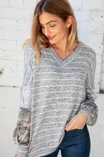 Load image into Gallery viewer, Stripe and Camo Sequin Bubble Sleeve V Neck Top