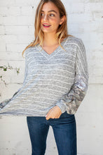 Load image into Gallery viewer, Stripe and Camo Sequin Bubble Sleeve V Neck Top