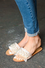 Load image into Gallery viewer, Blush Linen Fray Beaded Faux Pearl Slide Sandal