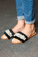 Load image into Gallery viewer, Black Linen Fray Beaded Faux Pearl Slide Sandal