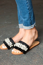 Load image into Gallery viewer, Black Linen Fray Beaded Faux Pearl Slide Sandal
