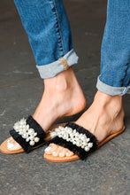 Load image into Gallery viewer, Black Linen Fray Beaded Faux Pearl Slide Sandal