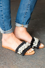 Load image into Gallery viewer, Black Linen Fray Beaded Faux Pearl Slide Sandal