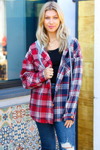 Load image into Gallery viewer, Face the Day Red/Navy Plaid Color Block Hoodie Shacket