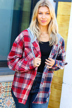 Load image into Gallery viewer, Face the Day Red/Navy Plaid Color Block Hoodie Shacket