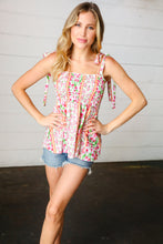 Load image into Gallery viewer, Ivory &amp; Fuchsia Floral Smocked Shoulder Tie Top