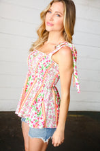 Load image into Gallery viewer, Ivory &amp; Fuchsia Floral Smocked Shoulder Tie Top