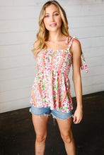 Load image into Gallery viewer, Ivory &amp; Fuchsia Floral Smocked Shoulder Tie Top