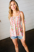 Load image into Gallery viewer, Ivory &amp; Fuchsia Floral Smocked Shoulder Tie Top