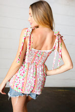Load image into Gallery viewer, Ivory &amp; Fuchsia Floral Smocked Shoulder Tie Top