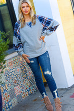 Load image into Gallery viewer, Face The Day Grey/Navy Plaid Thermal Raglan Pullover