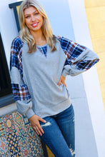 Load image into Gallery viewer, Face The Day Grey/Navy Plaid Thermal Raglan Pullover