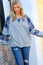 Load image into Gallery viewer, Face The Day Grey/Navy Plaid Thermal Raglan Pullover