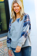 Load image into Gallery viewer, Face The Day Grey/Navy Plaid Thermal Raglan Pullover