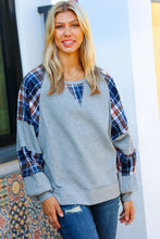 Load image into Gallery viewer, Face The Day Grey/Navy Plaid Thermal Raglan Pullover