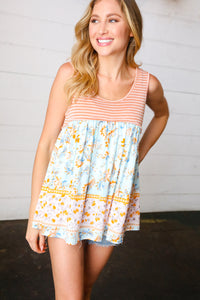 Orange & Blue Two Tone Floral Back Tie Tank