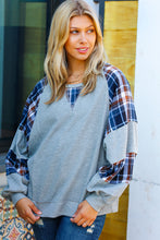 Load image into Gallery viewer, Face The Day Grey/Navy Plaid Thermal Raglan Pullover