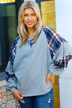 Load image into Gallery viewer, Face The Day Grey/Navy Plaid Thermal Raglan Pullover