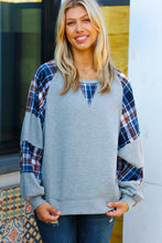Load image into Gallery viewer, Face The Day Grey/Navy Plaid Thermal Raglan Pullover