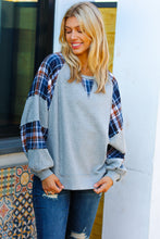 Load image into Gallery viewer, Face The Day Grey/Navy Plaid Thermal Raglan Pullover