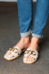 Cream Chain Detail Notched Slide Sandals