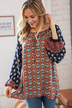Load image into Gallery viewer, Navy &amp; Rust Paisley Print Bubble Sleeve Keyhole Top
