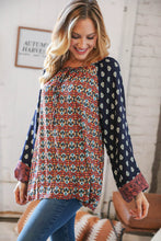 Load image into Gallery viewer, Navy &amp; Rust Paisley Print Bubble Sleeve Keyhole Top