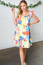 Load image into Gallery viewer, Yellow Tropical Print Ruffle Lined Drawstring Dress